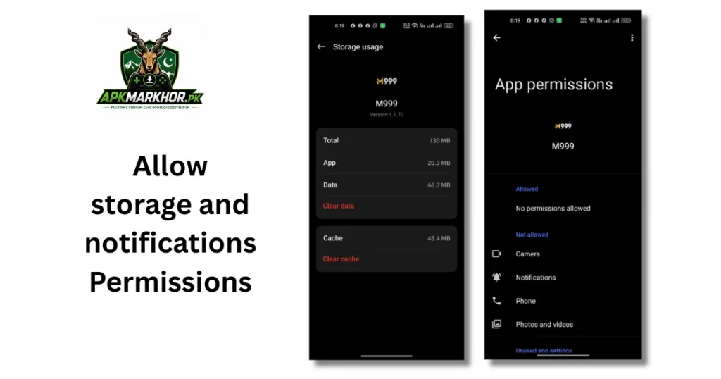 Android permissions requested by M999 APK, storage and notifications