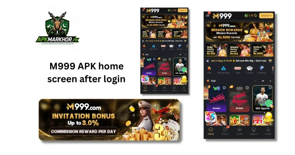 M999 APK home screen after login on Oppo F21 Pro
