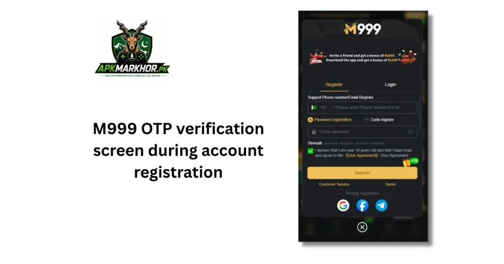 M999 OTP verification screen during account registration