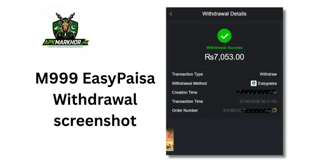 m999 withdrawal confirmation showing PKR 7,053 PKR via EasyPaisa